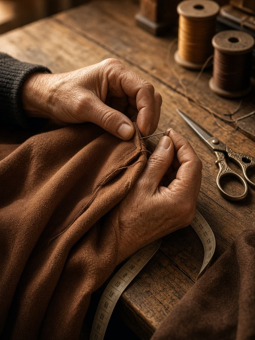 Hands sorting and checking brown fabric at a wooden table
