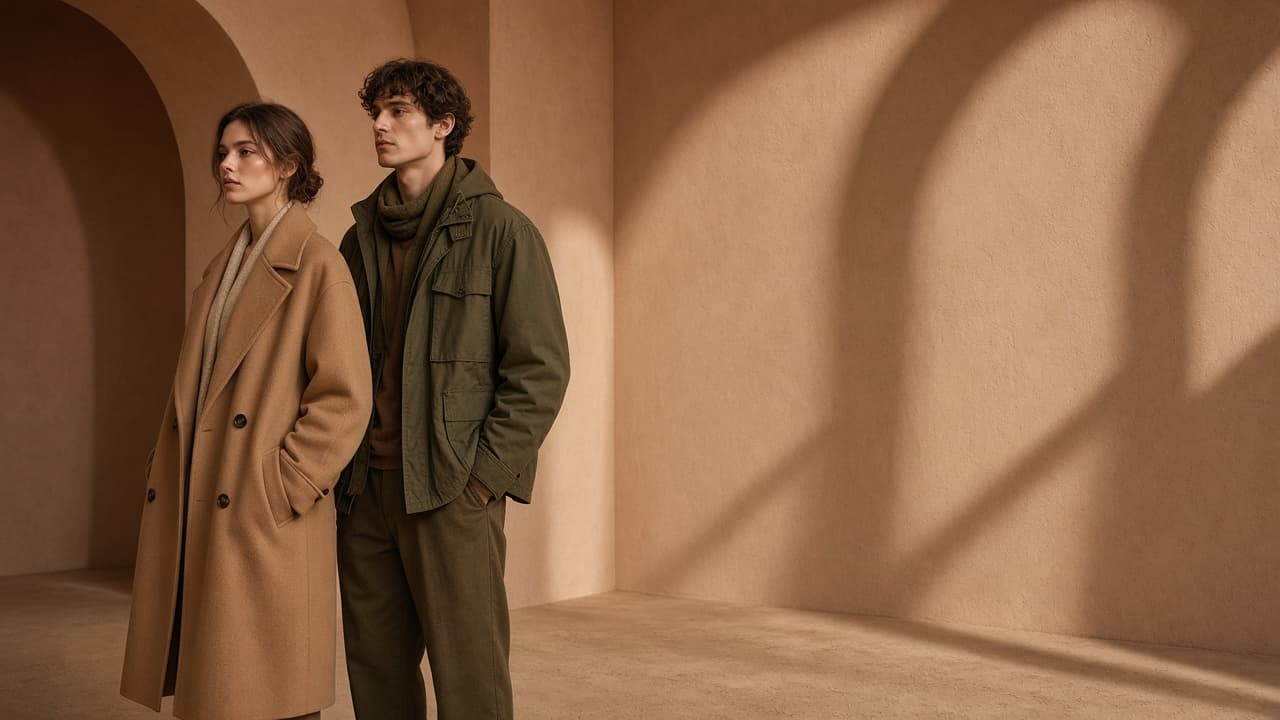 Two models in neutral clothing in a warm minimalist set