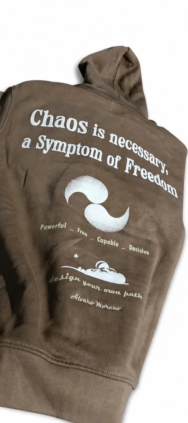 Brown hoodie with a large Chaos is necessary graphic print on the back
