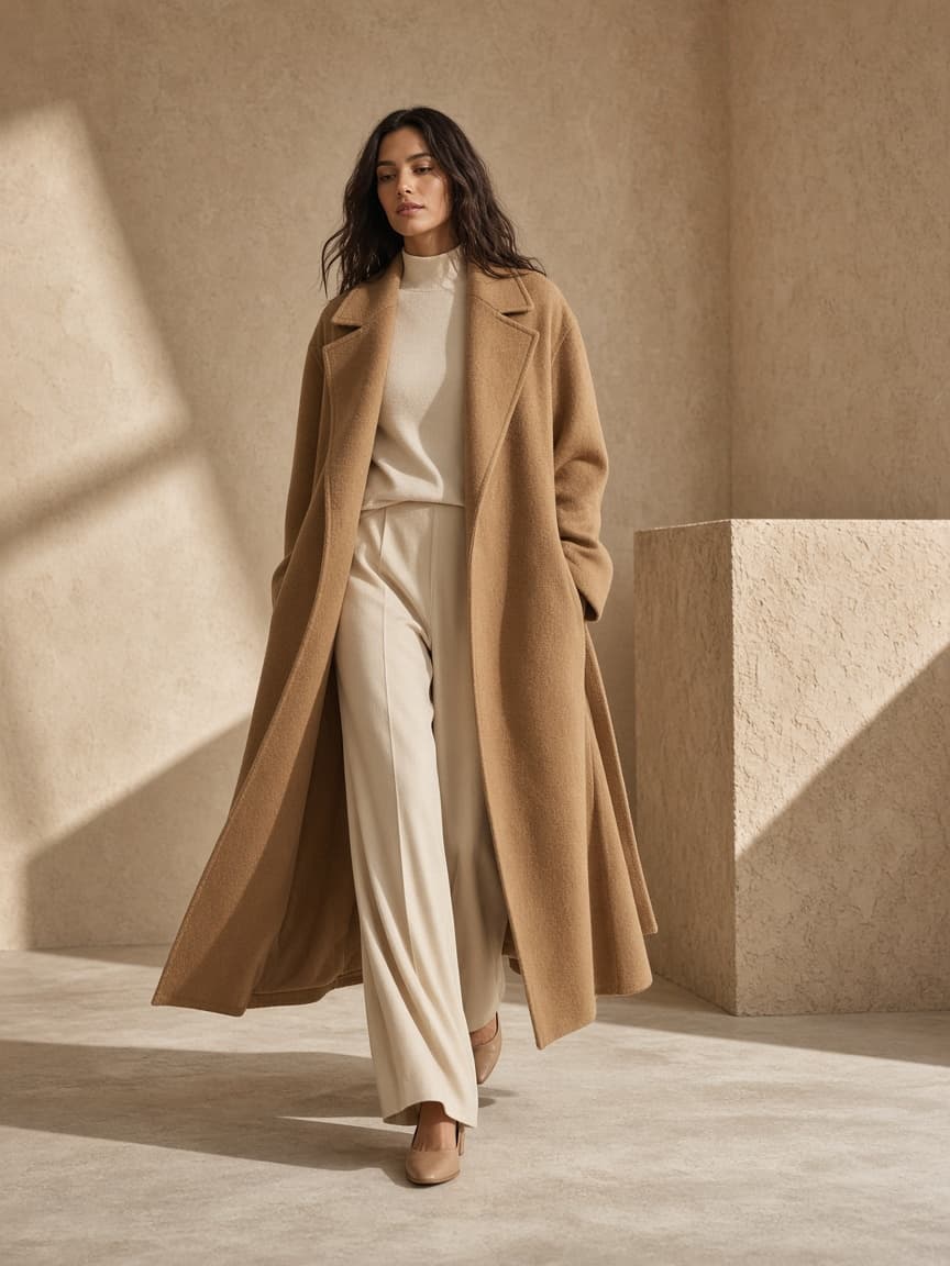 Model wearing a camel coat from our leftover stock